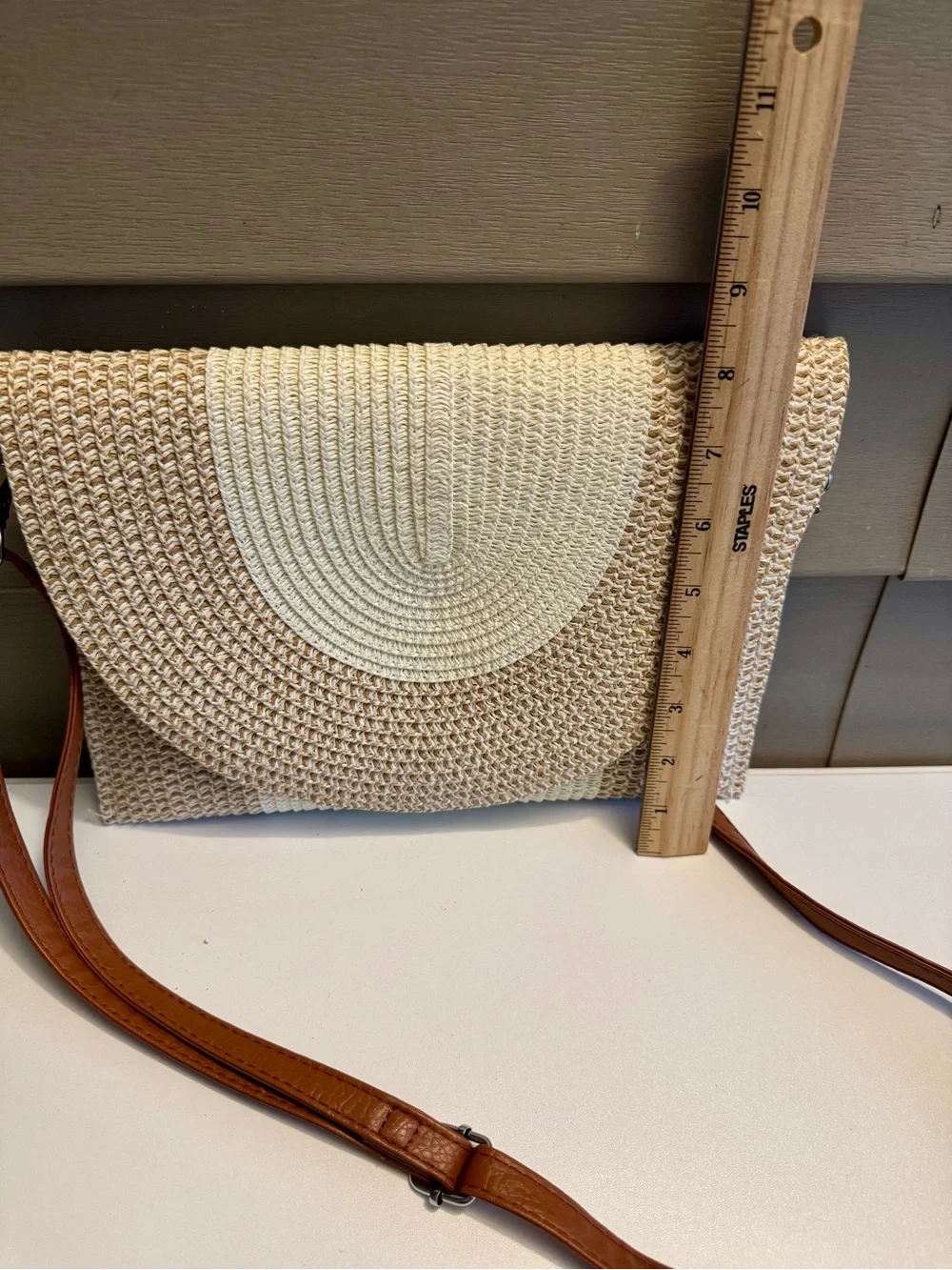 Woven Straw Tote Bag with Brown Strap - Neutral Cream/Beige
